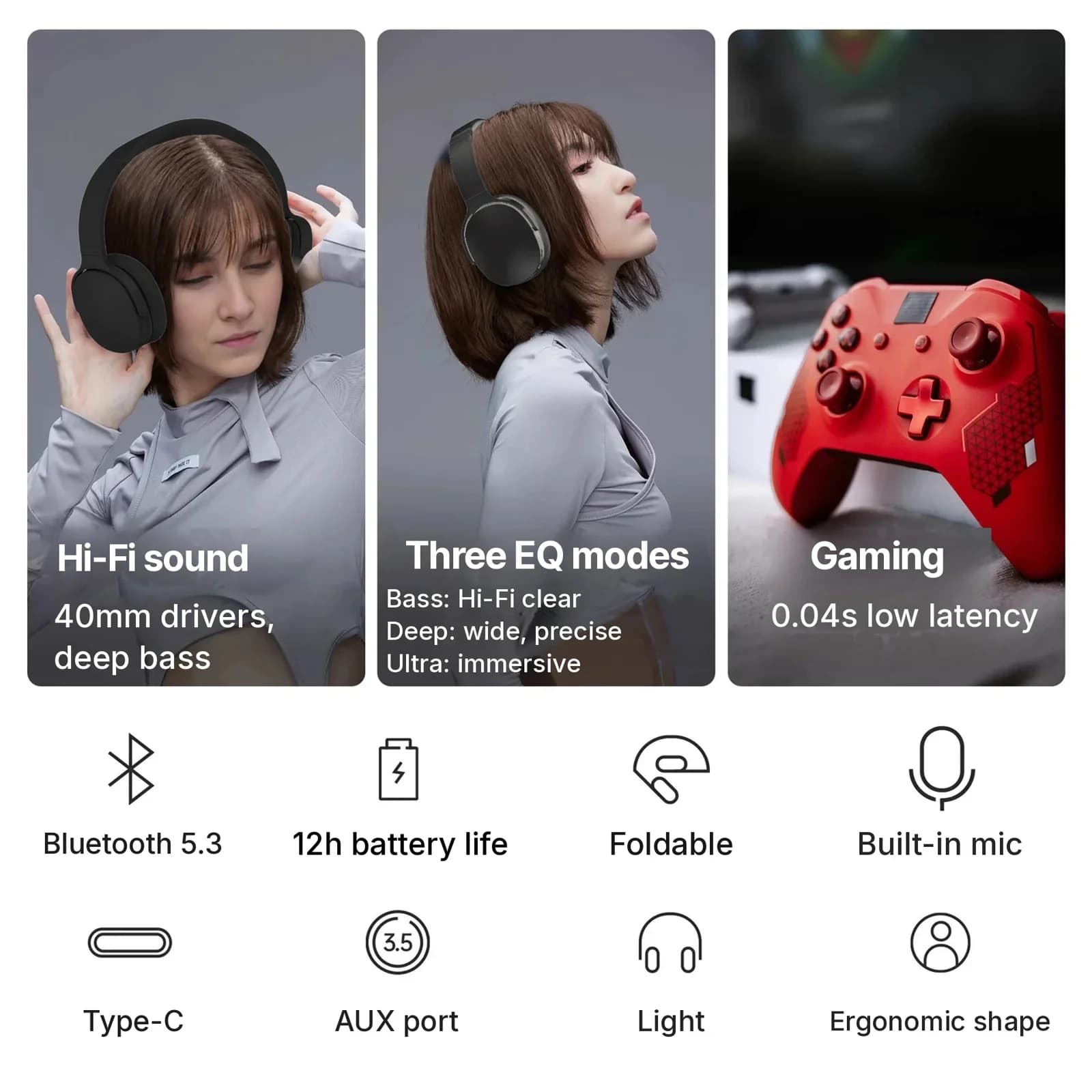 Brezžične Bluetooth slušalke čez uho s tremi EQ načini in mikrofonom