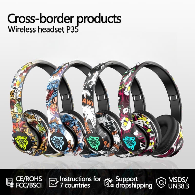 Graffiti Over-Ear Wireless Headphones with FM Radio and TF Card Slot